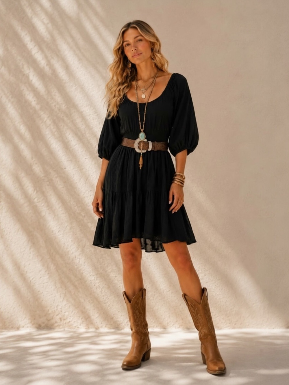 $69 Mia Joy Women’s Black Pleated Fit and Flare Boat Neck Boho Mini Dress Sz M
